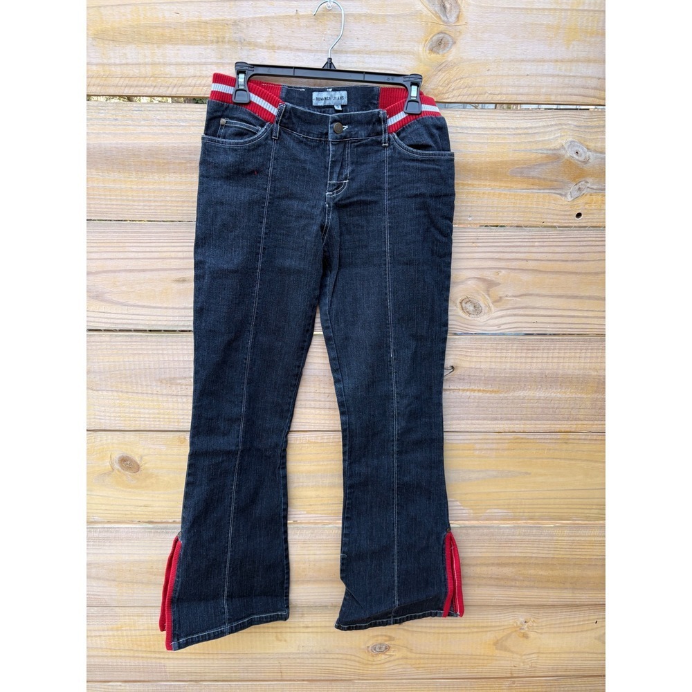 Romance Jeans Women Size 5 Dark Wash Flare Denim Red Ribbed Knit Trim Split Hem
